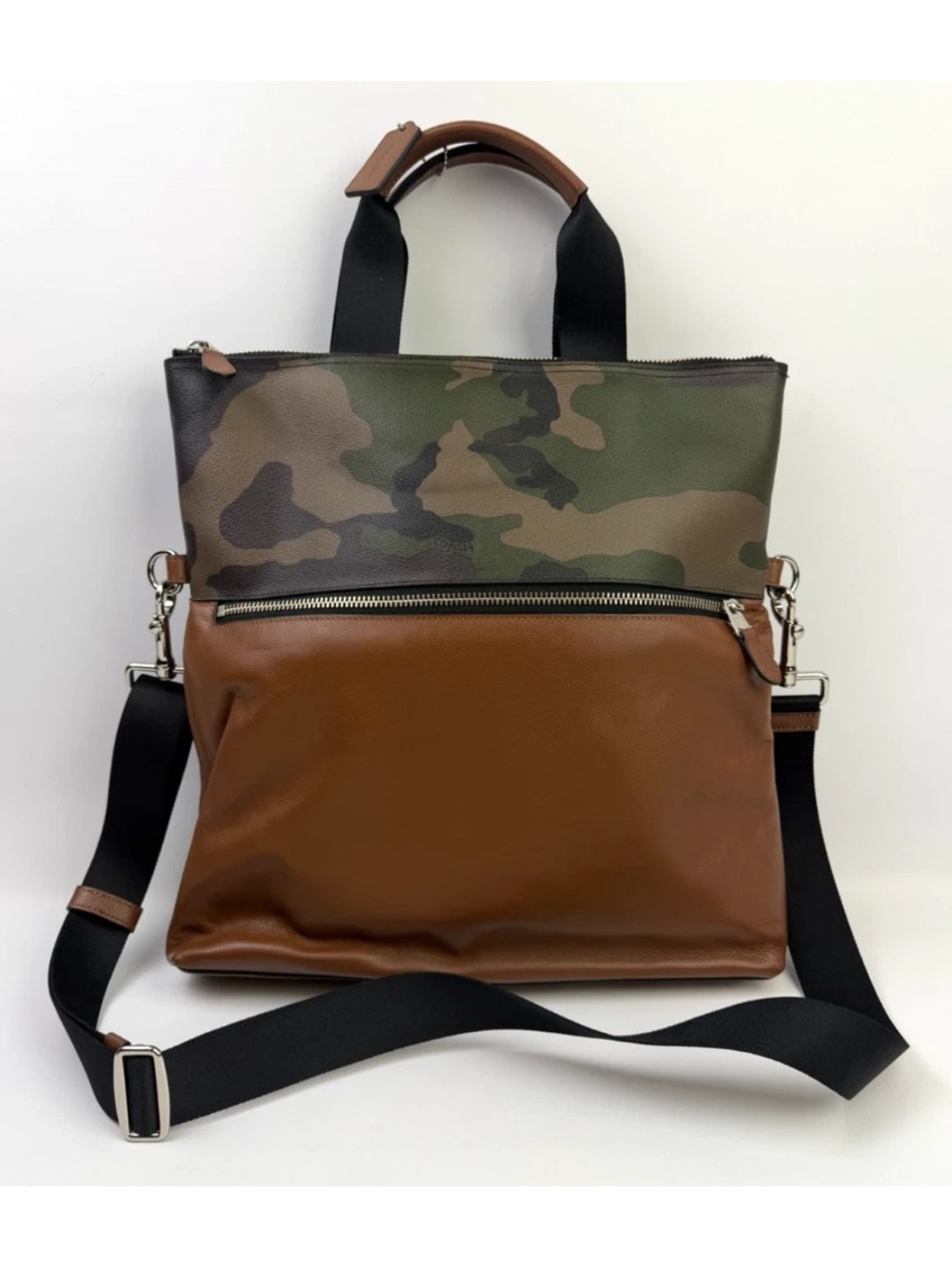 Coach Camouflage Foldover Crossbody Tote Bag Brown Leather Utility Unisex - Picture 2 of 13